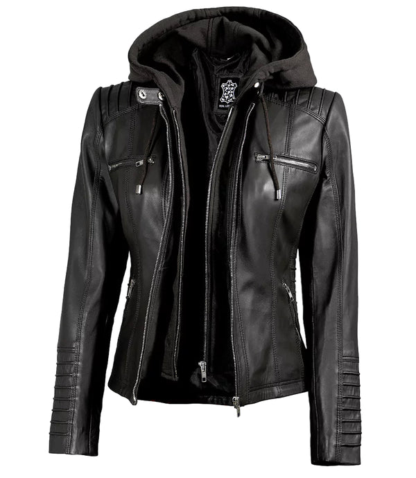 Black Leather Jacket With Removable Hood Womens