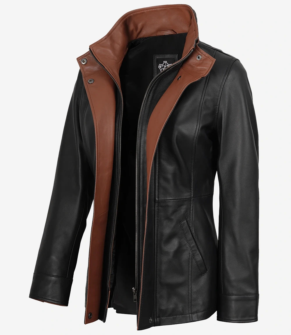 Erin Women's Wide Lapel Black Leather Jacket - Front