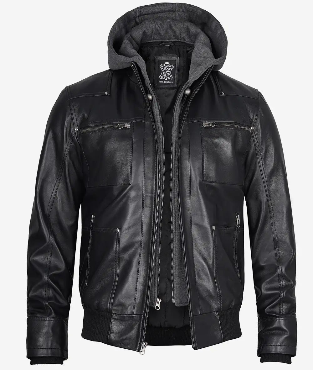 black leather bomber jacket with hood