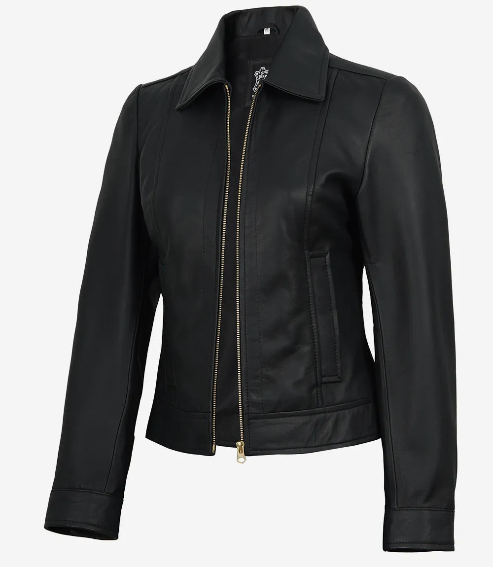 Women's Black Lambskin Harrington Jacket Gold Hardware - Front