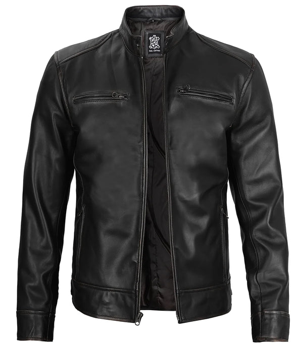 Black cafe racer leather jacket
