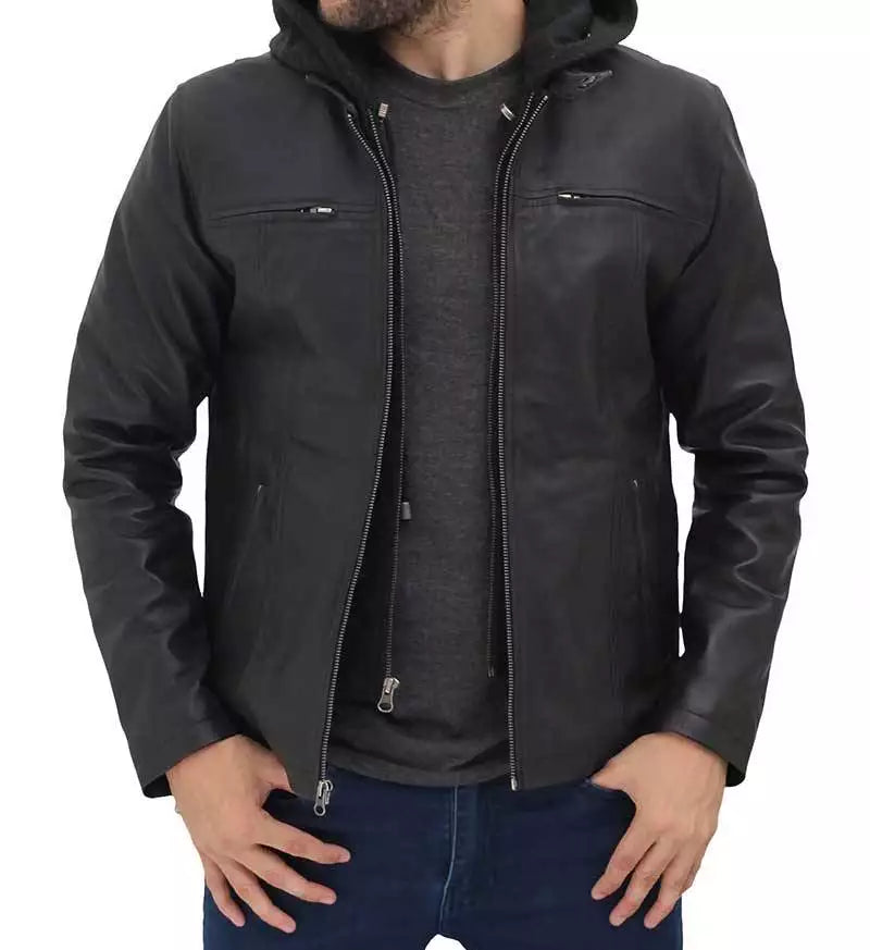 black leather jacket with hood mens