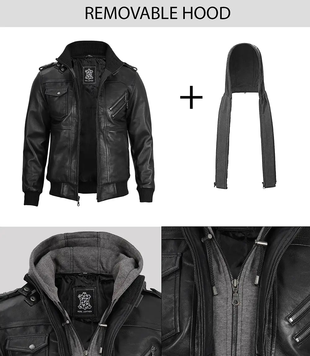 black leather jacket with removable hood