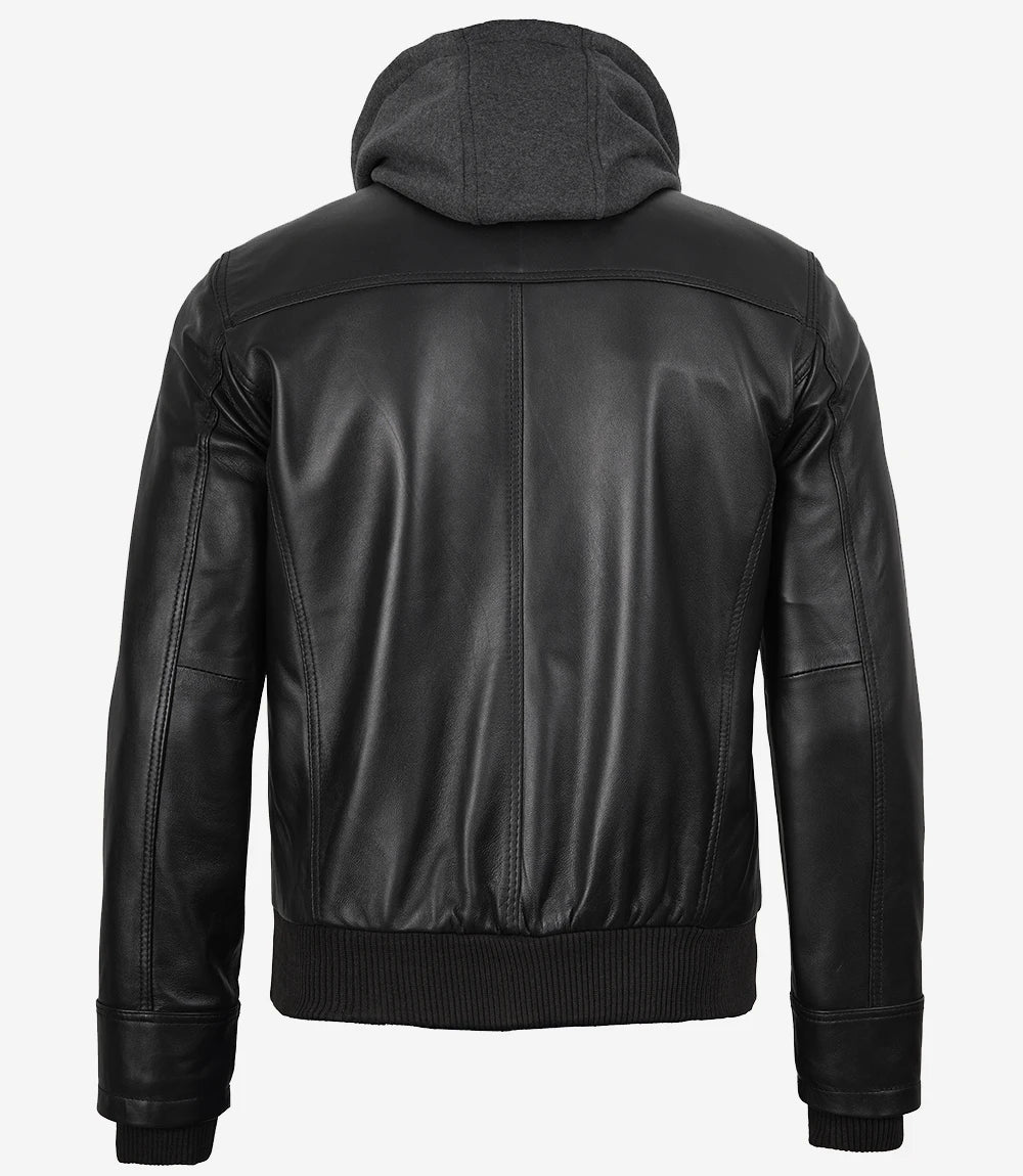 Black leather jacket with a hood on a white background