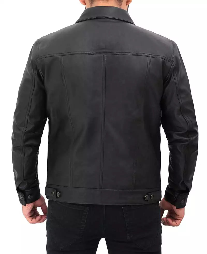 black leather trucker jacket