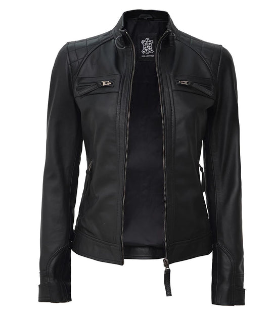 black quilted leather jacket women 