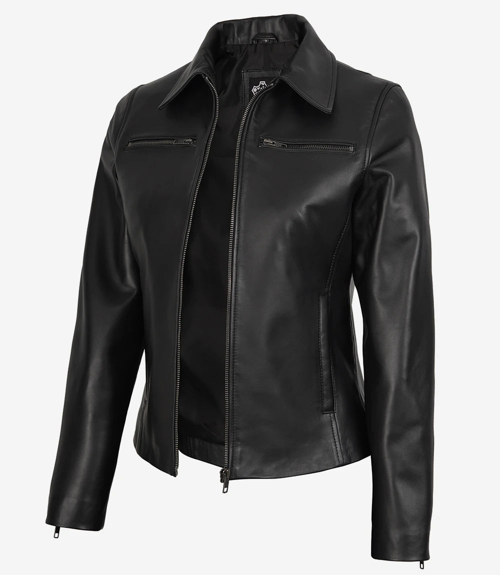 Women's Black Harrington Style Real Leather Jacket - Front