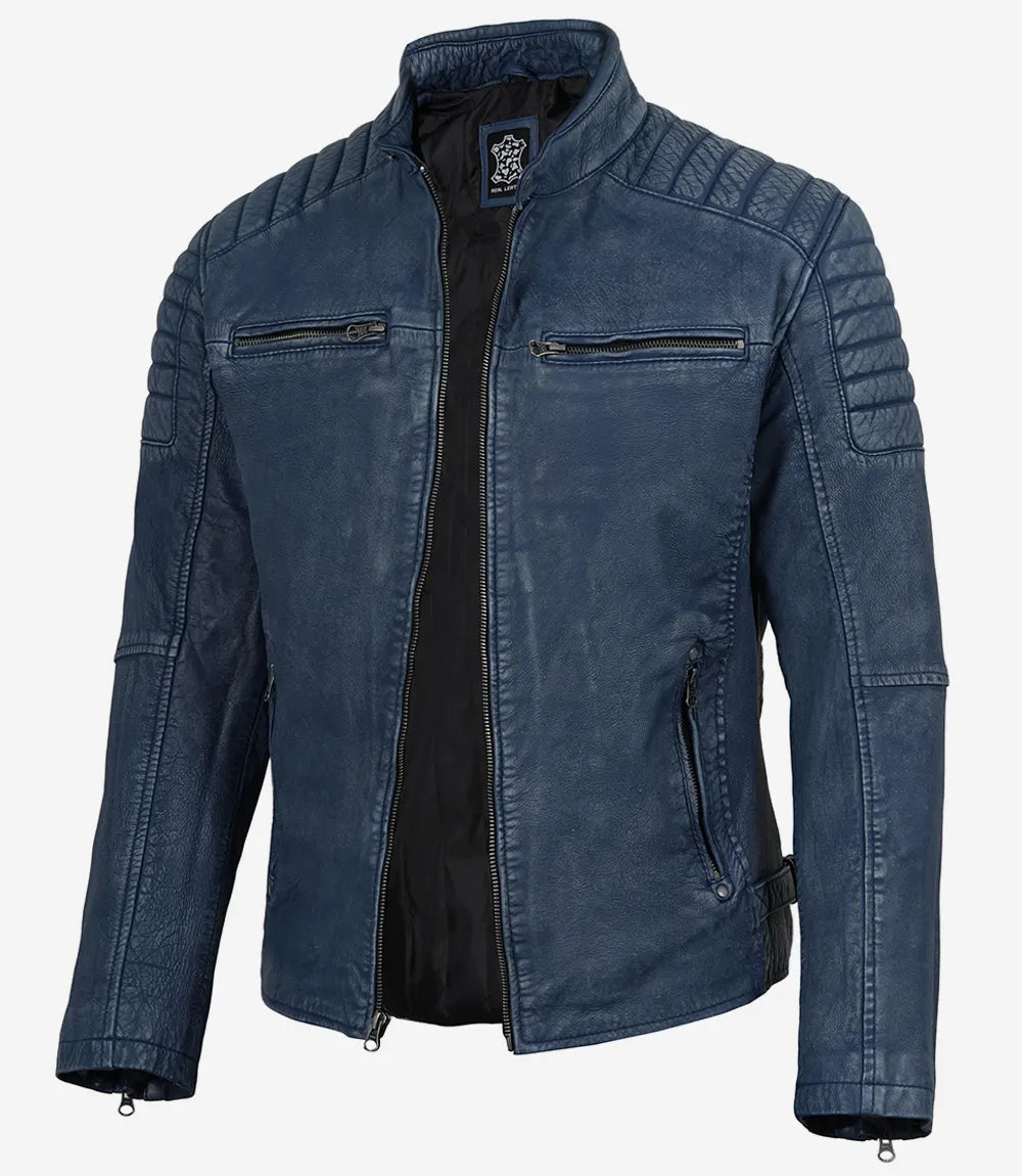 Men's Washed Blue Distressed Lambskin Biker Jacket - Front