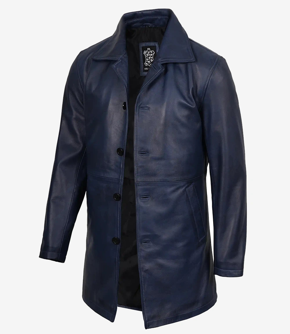 Men's Blue Lambskin 3/4 Length Car Coat - Front