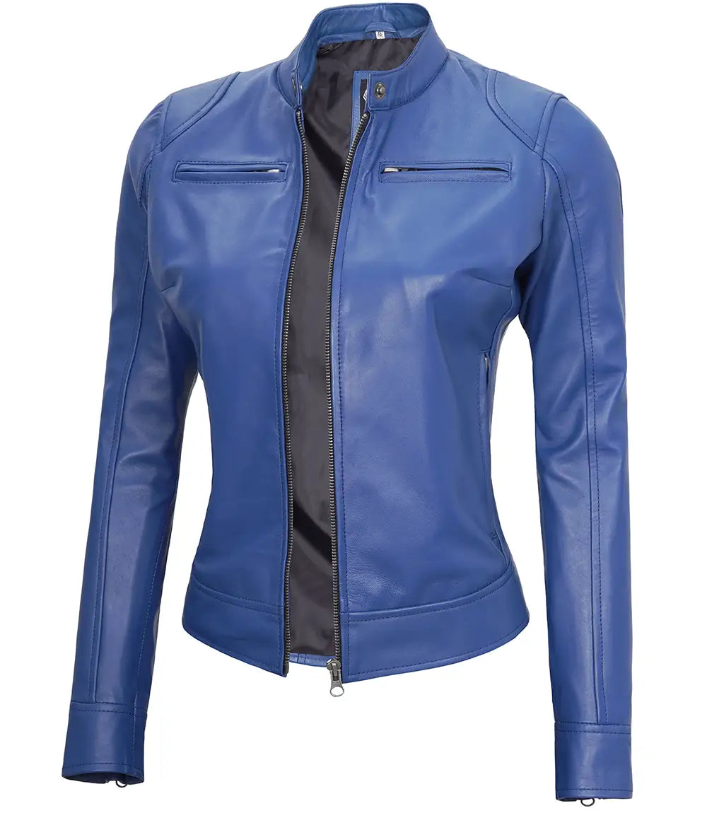 blue leather dodge jacket  