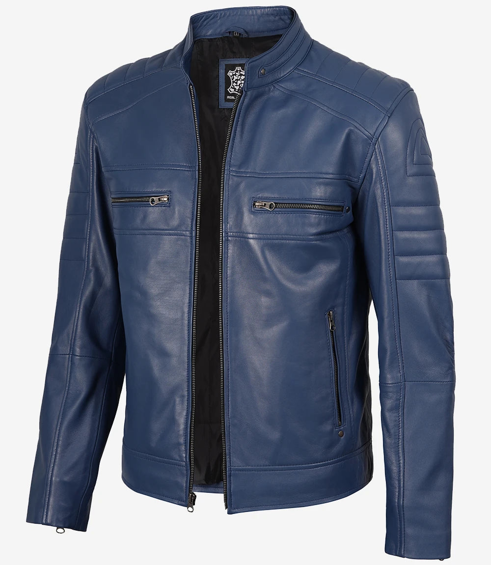 Men Cafe Racer Blue Real Leather Jacket - Front