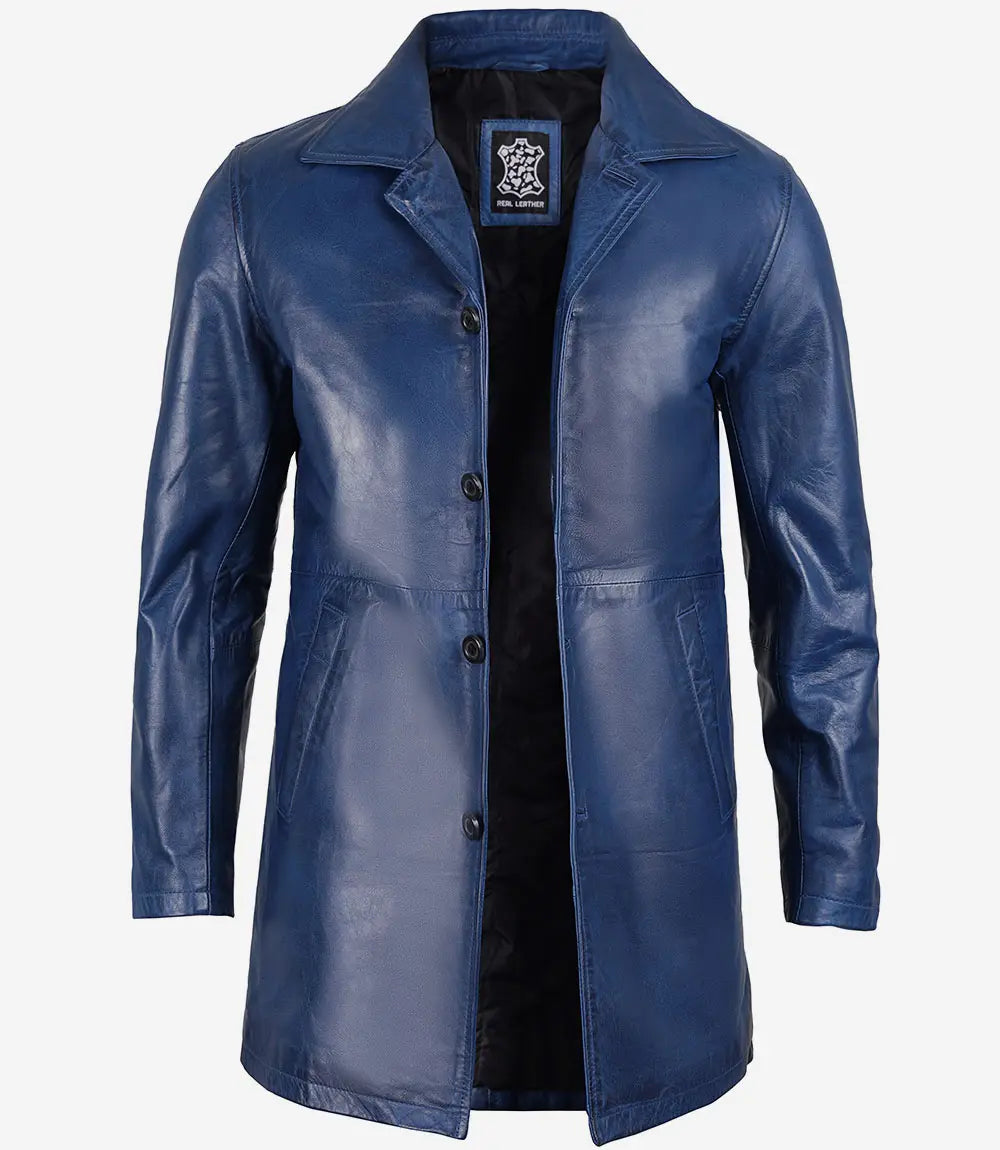 blue men leather car coat