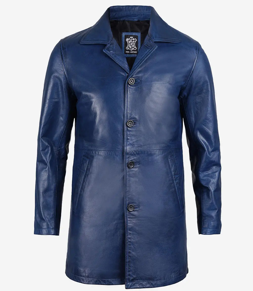 blue real leather men car coat