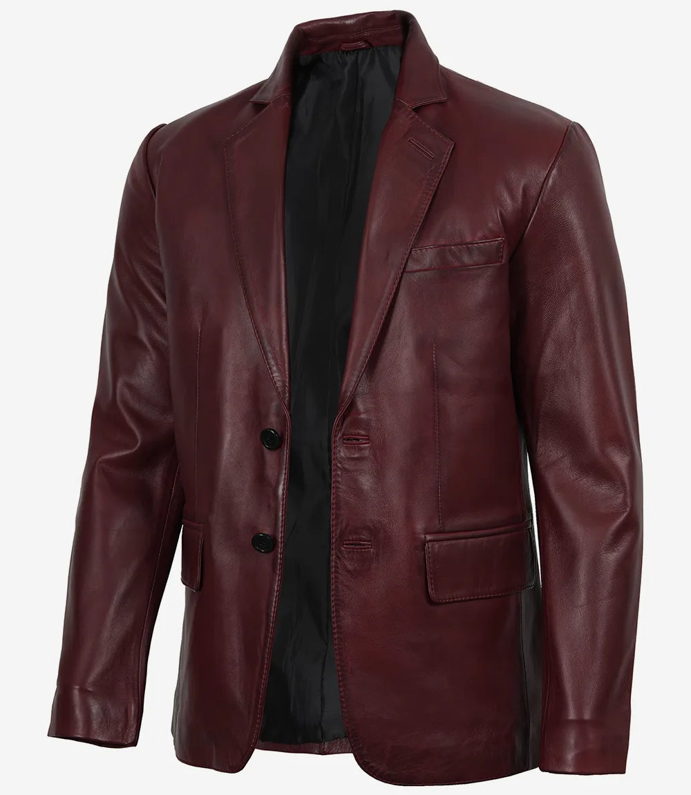Men's Burgundy Wax Lambskin Leather Blazer - Front