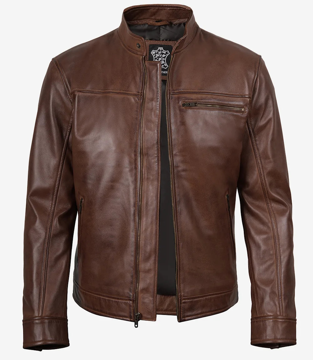Bickford Men's Cognac Brown Real Leather Biker Jacket – Decrum