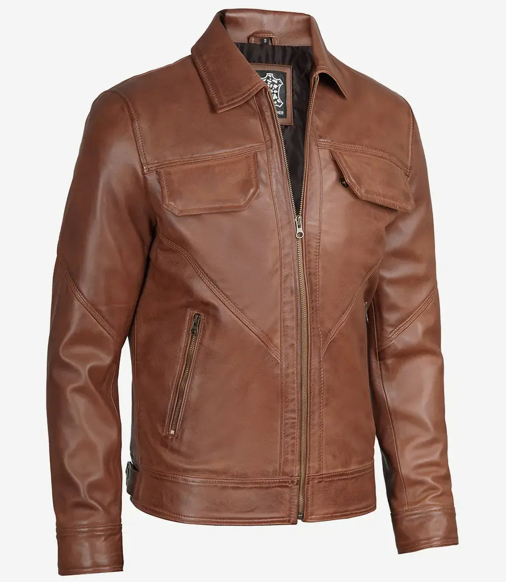 Decrum Men's Cognac Brown Lambskin Leather Jacket Shirt Collar