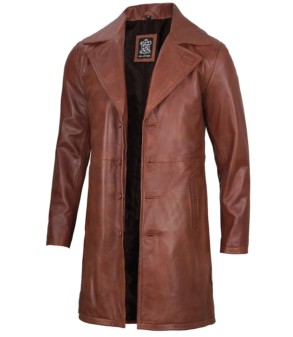 cognac wax leather car coat  mens