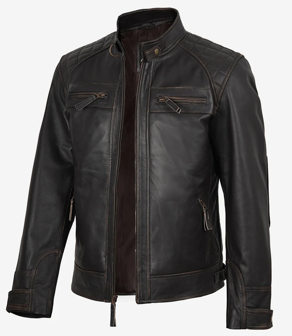 Men's Tall Quilted Cafe Racer Distressed Brown Leather Jacket