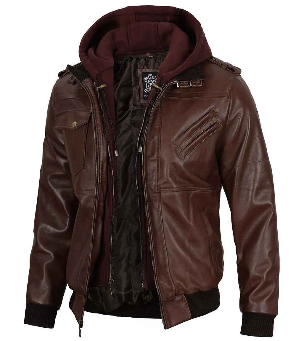 Men's Bomber Dark Brown Removable Hooded Leather Jacket – Decrum