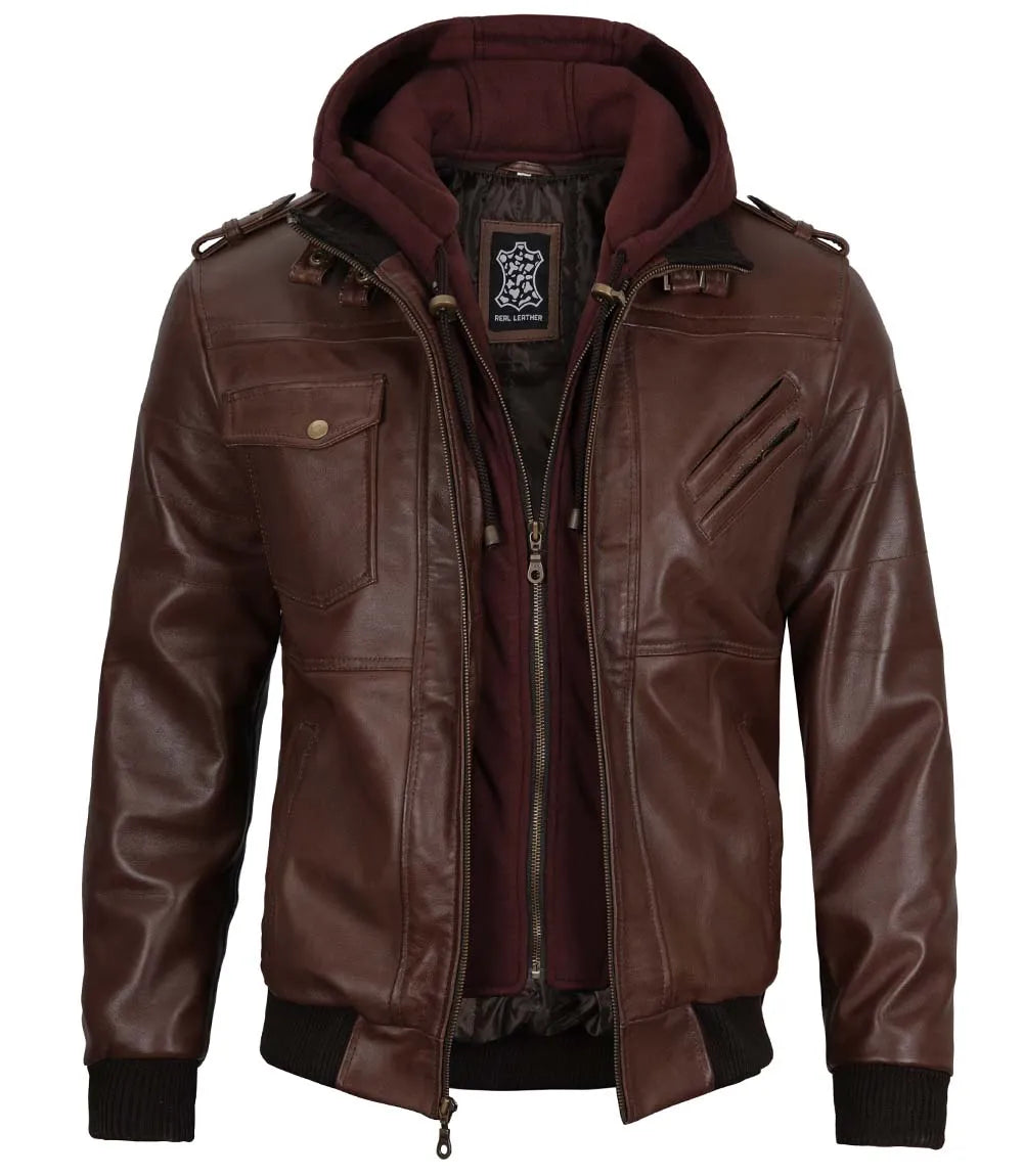 Tall Mens Bomber Dark Brown Hooded Leather Jacket – Decrum Tall Mens Bomber Dark Brown Hooded Leather Jacket – Decrum