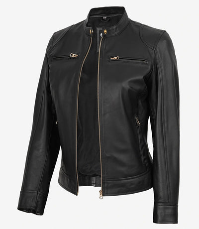 Dodge Women’s Black Real Leather Jacket with Golden Accents