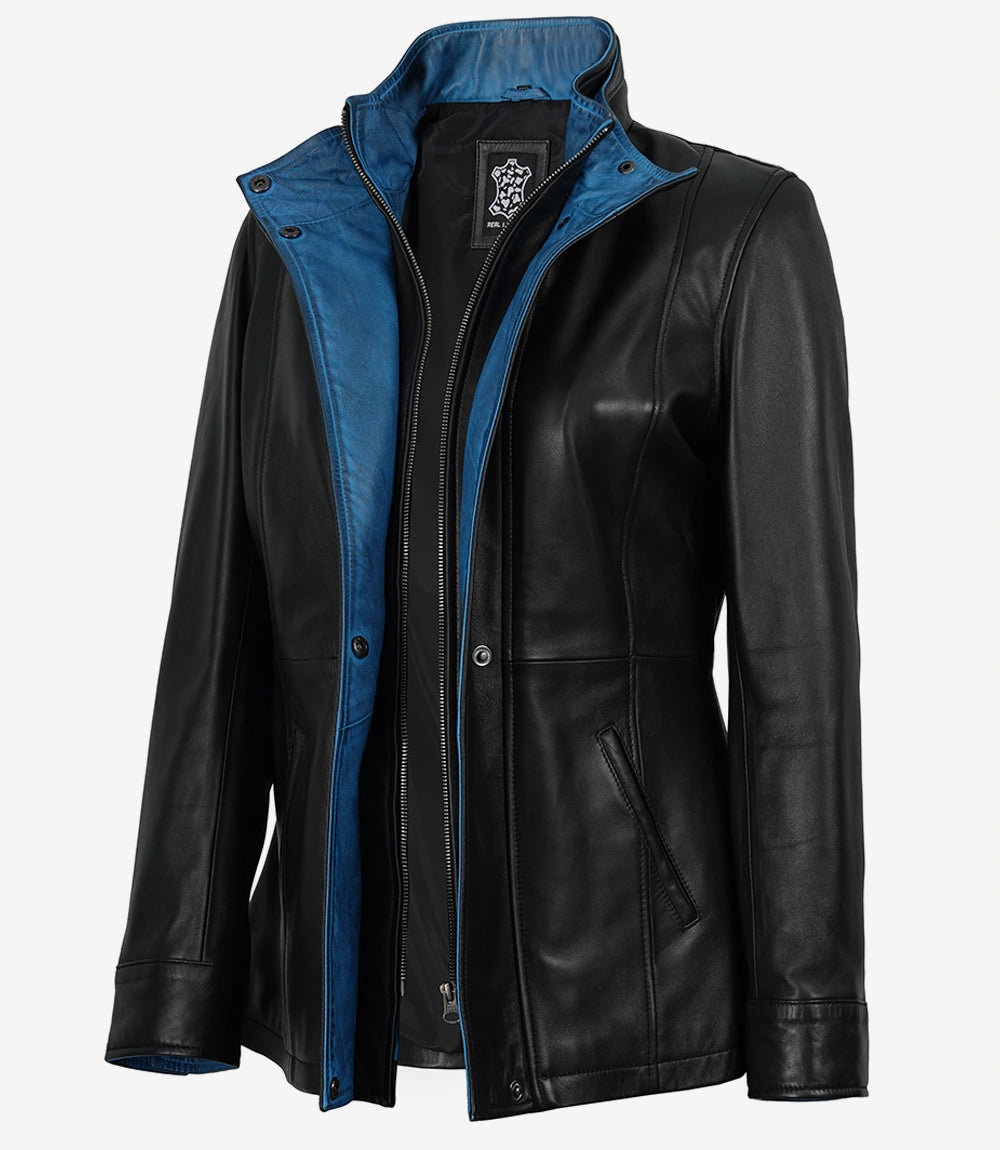Erin Women's Black Leather Jacket with Blue Inner Lapel - Front