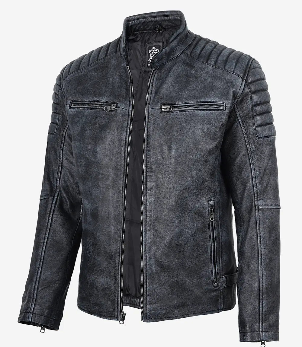 Men's Washed Black Distressed Leather Biker Jacket - Front