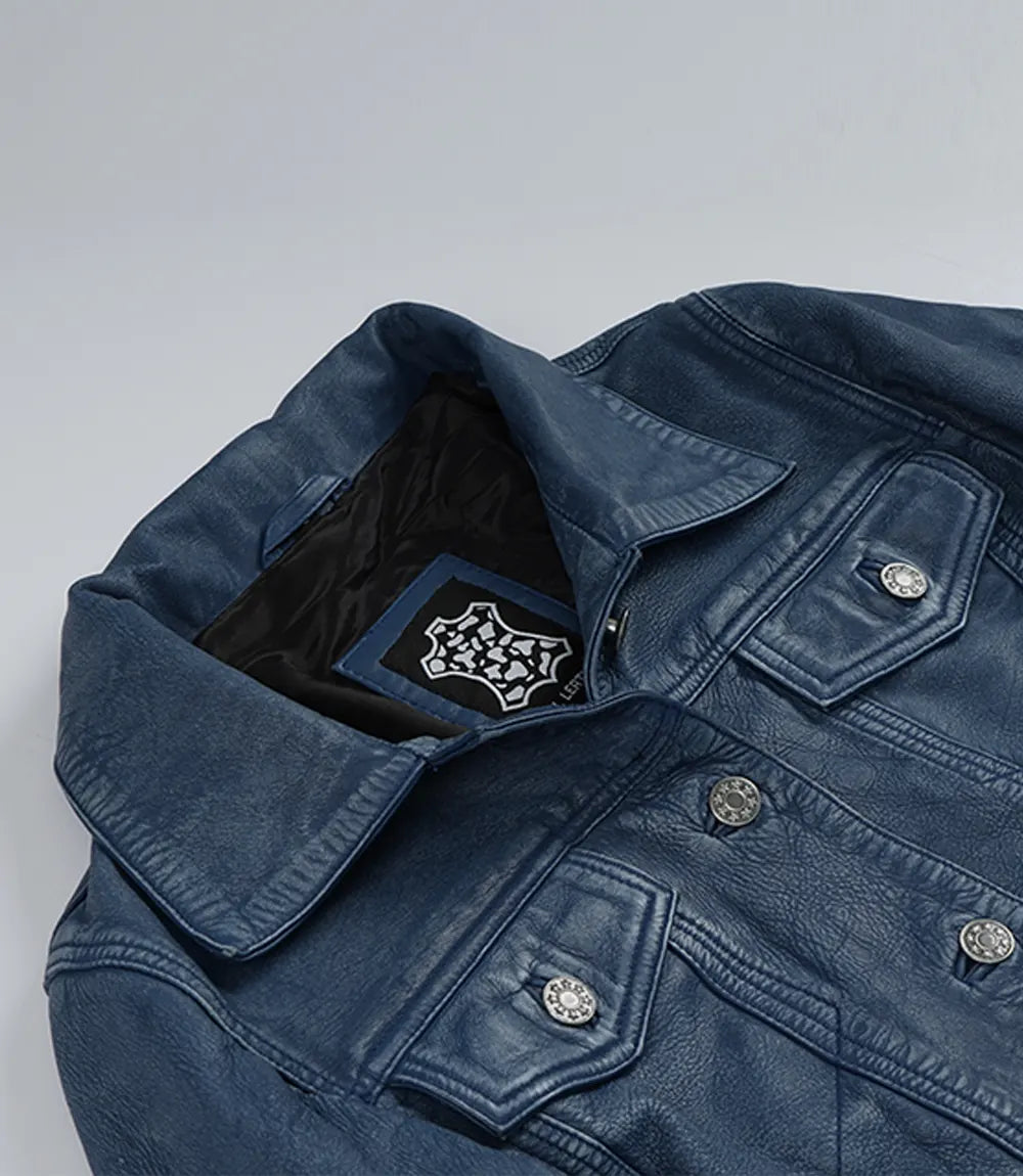 Women's Denim-Style Blue Washed Trucker Leather Jacket – Decrum