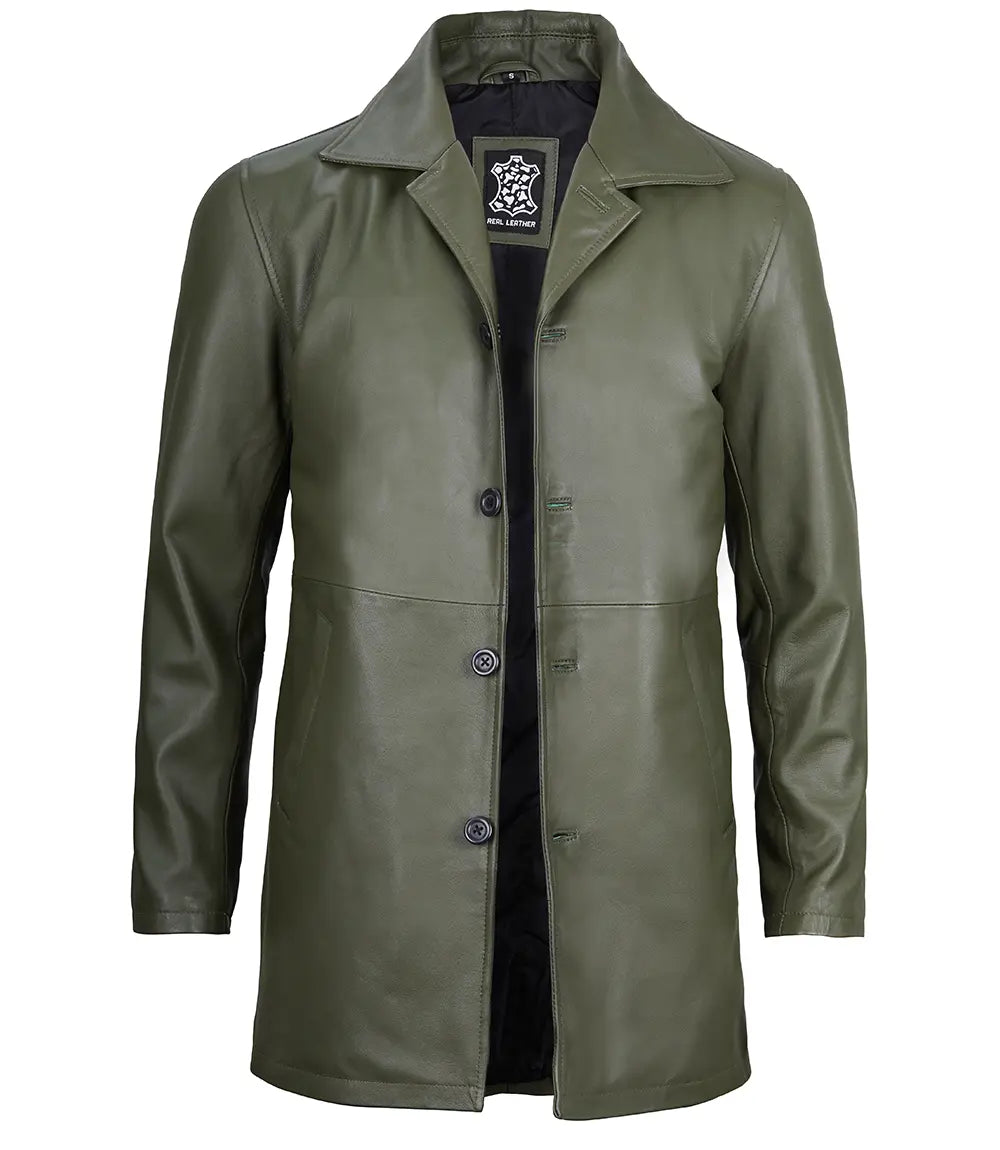 green real leather car coat