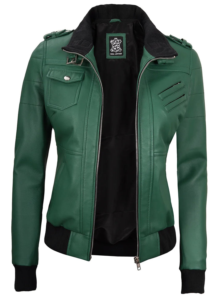 Green hooded leather bomber jacket