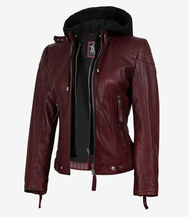 Women's maroon real leather jacket with removable hood