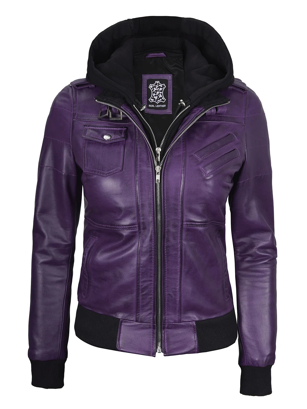 womens purple leather jacket hooded