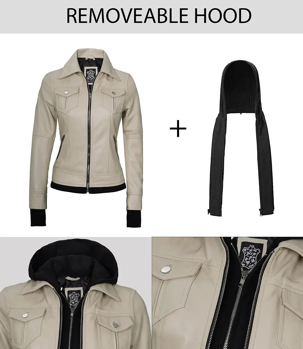 women beige hooded leather jacket