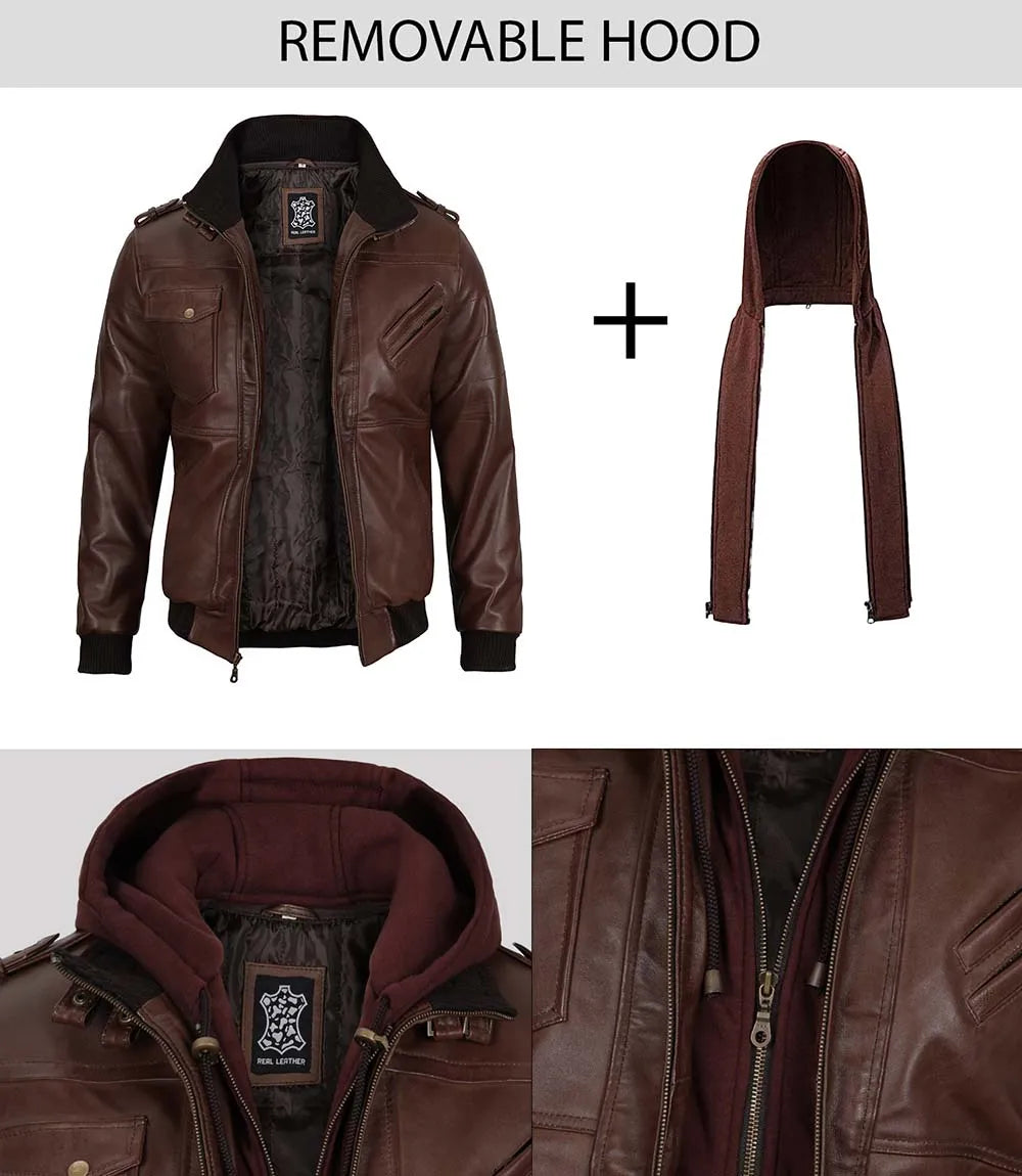 Tall Mens Bomber Dark Brown Hooded Leather Jacket – Decrum