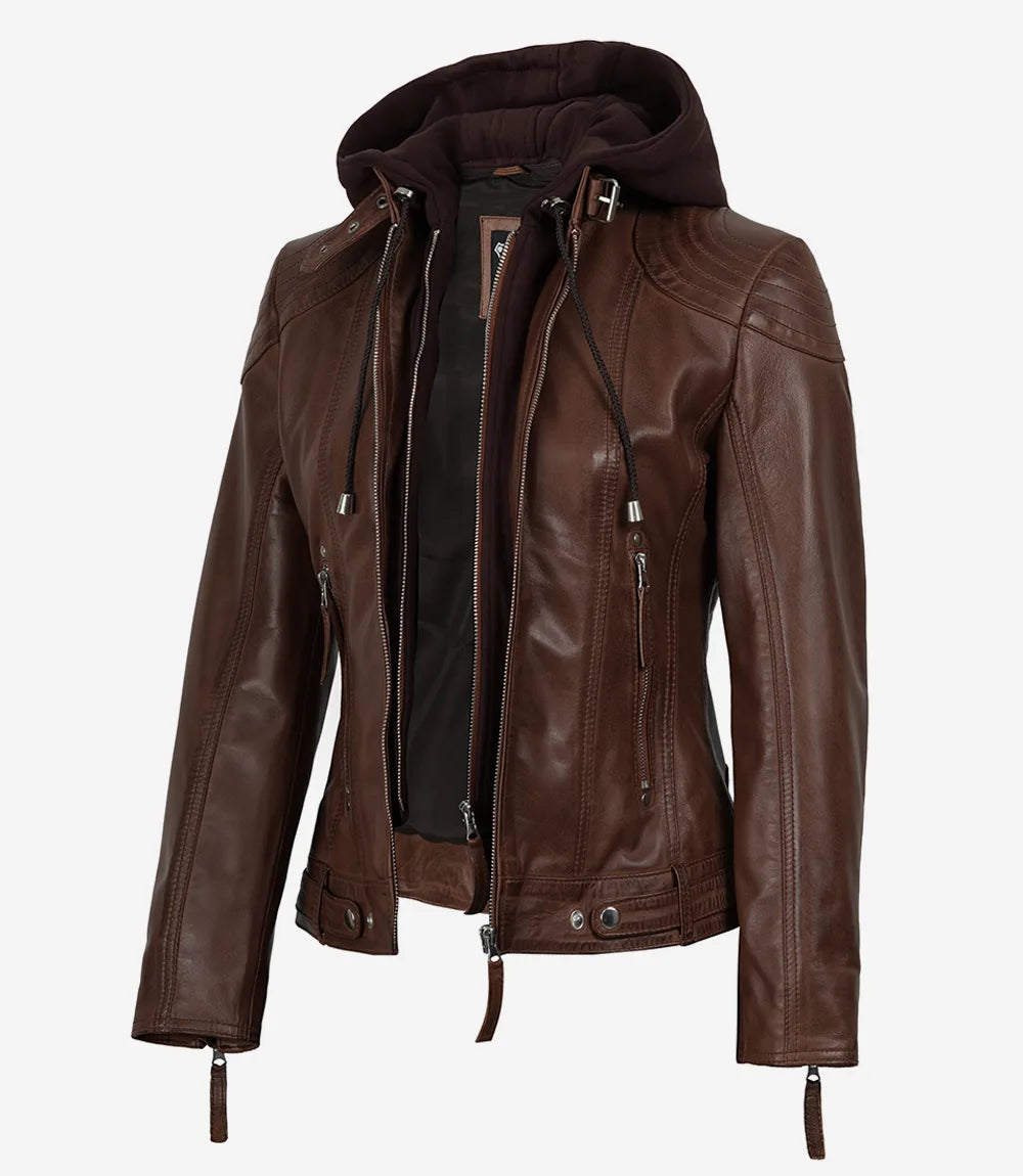 Women's Cognac Brown Real Leather Jacket With Removable Hood - Front
