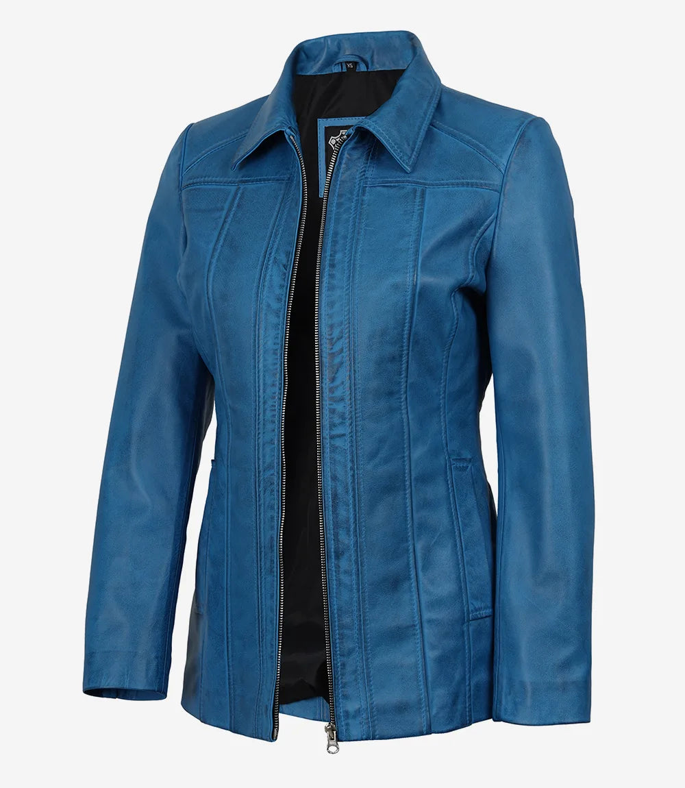 Women's Blue Lambskin Leather Car Coat with Shirt Collar - Front