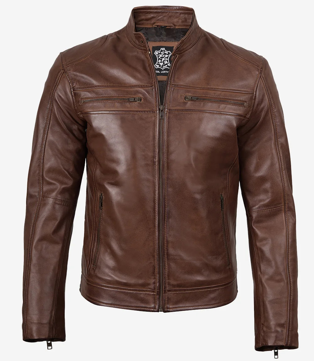 Men's Cognac Brown Cafe Racer Lambskin Leather Jacket – Decrum