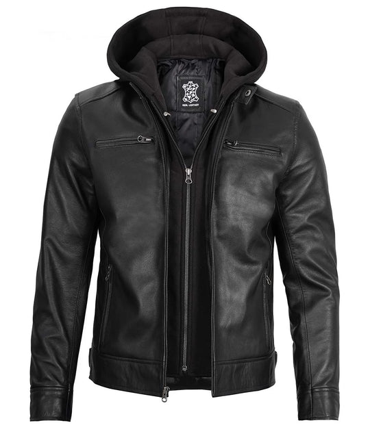 leather black hooded jacket for men
