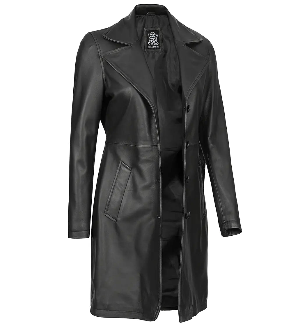 Black Leather Jacket Ladies Black Three Quarter Length Coat Ladies