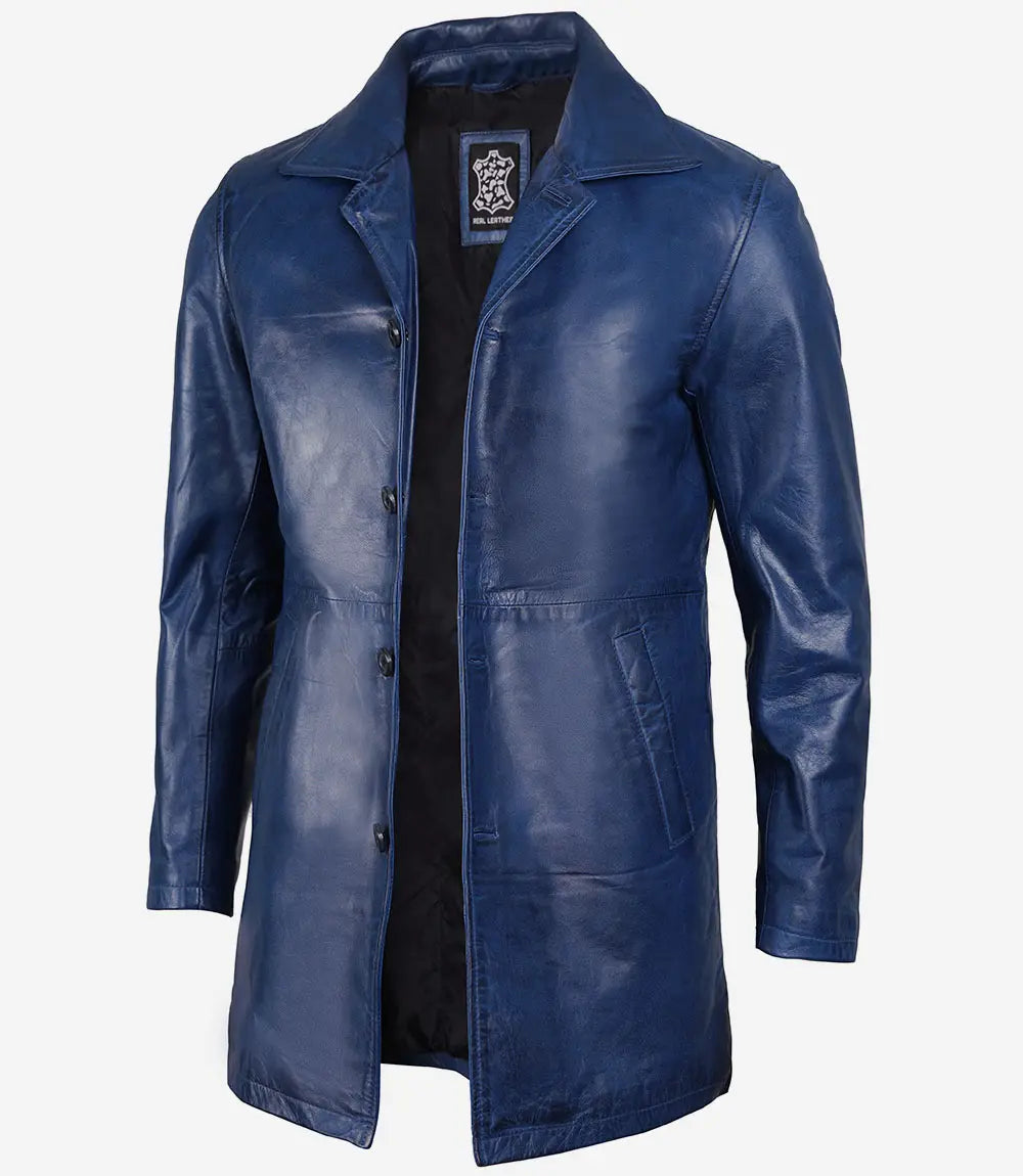 leather car coat blue for men