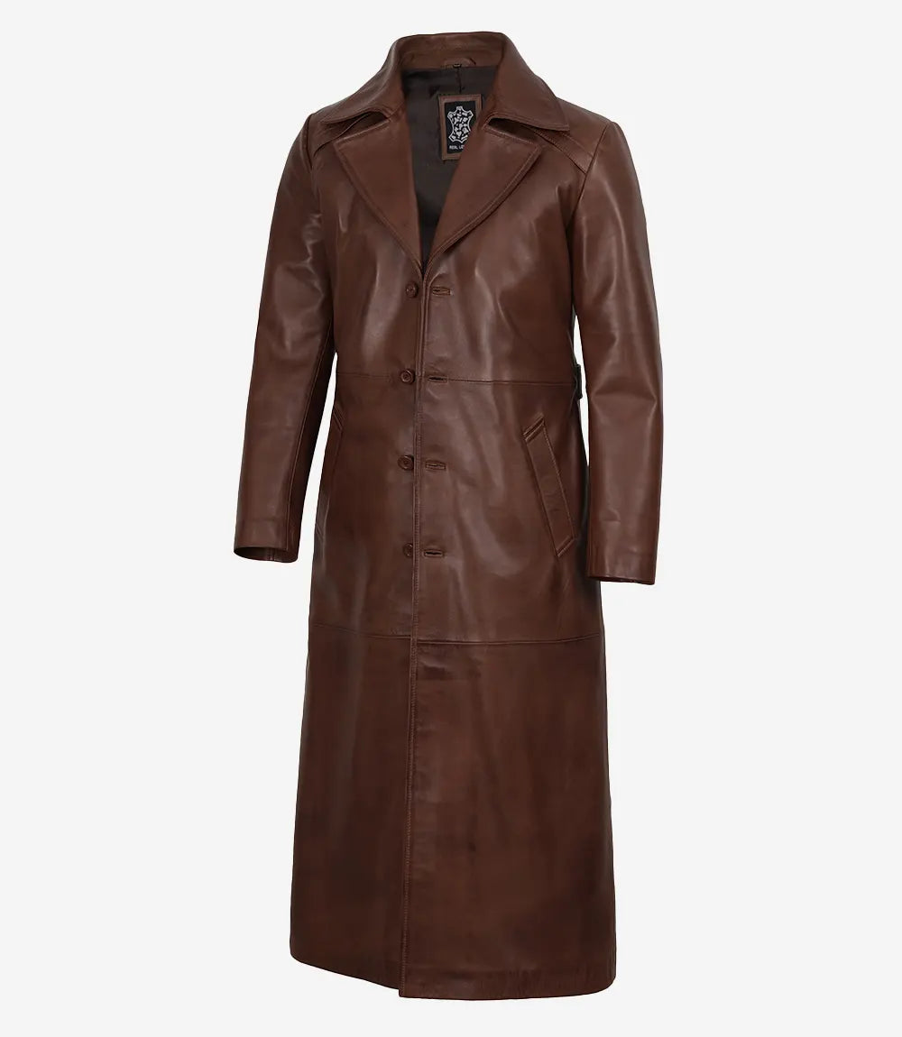 Men's Dark Brown Leather Long Duster Coat with Waist Adjuster - Front
