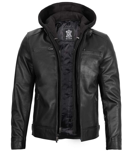 leather jacket with hoodie for men