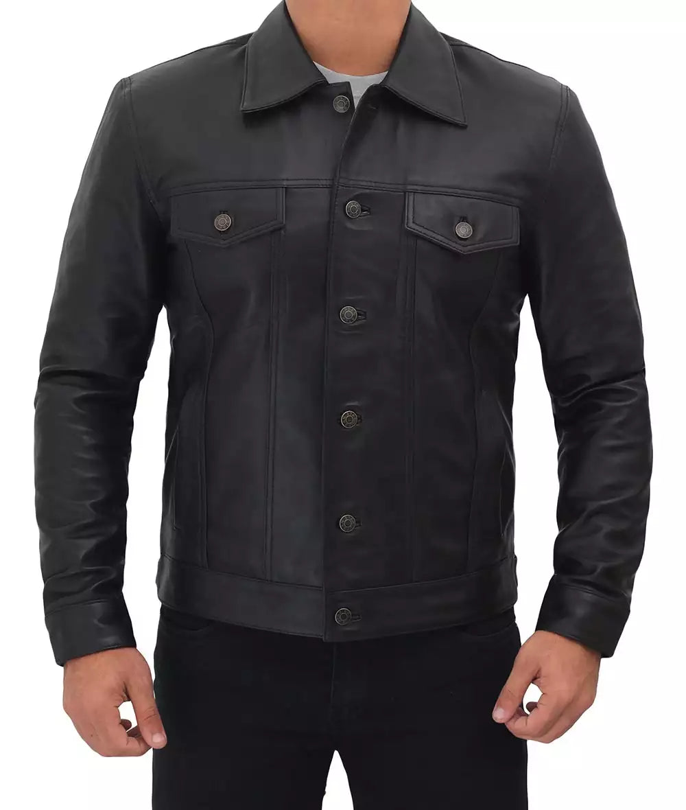 leather trucker jacket black