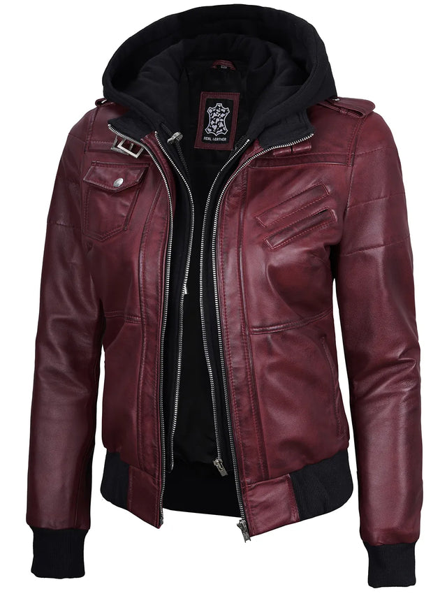 Women's burgundy leather jacket with removable hood