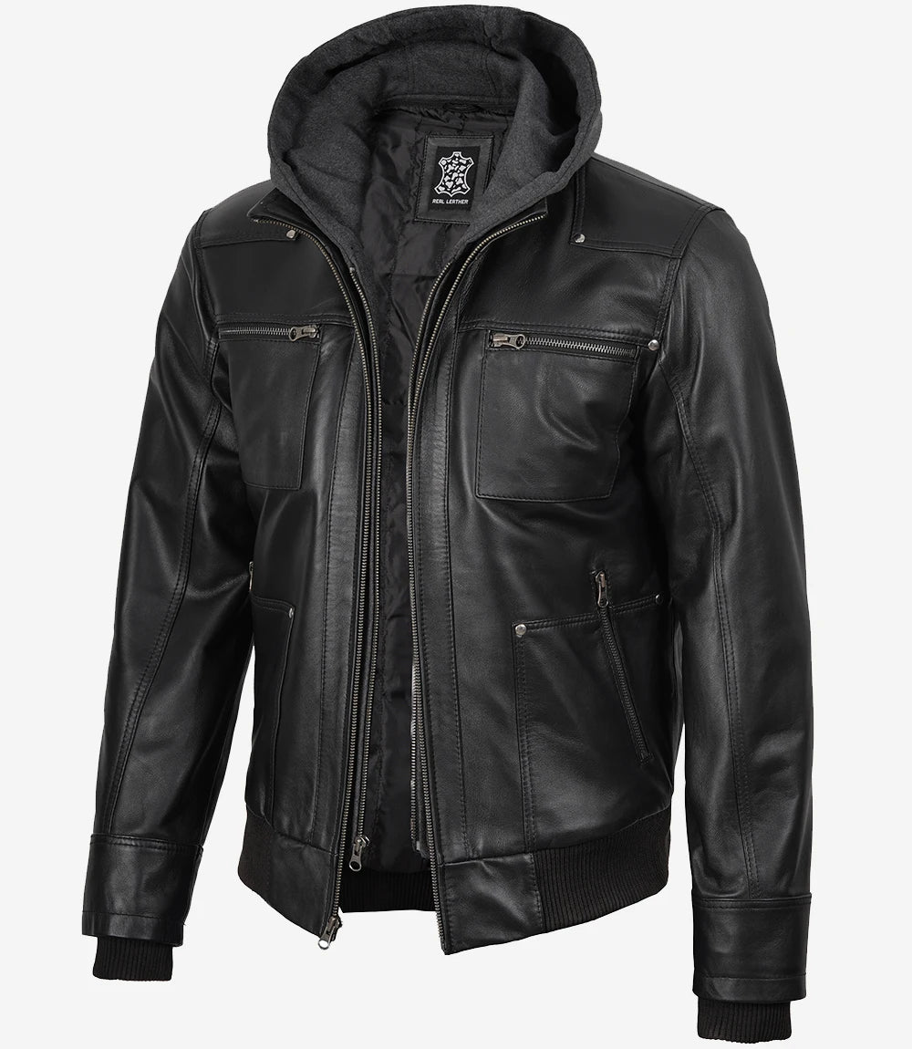 Black leather jacket with a hood on a white background