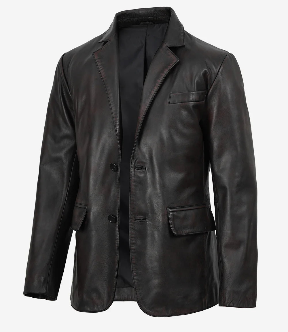 Men's Black Lambskin Blazer with Maroon Distressed Undertones - Front