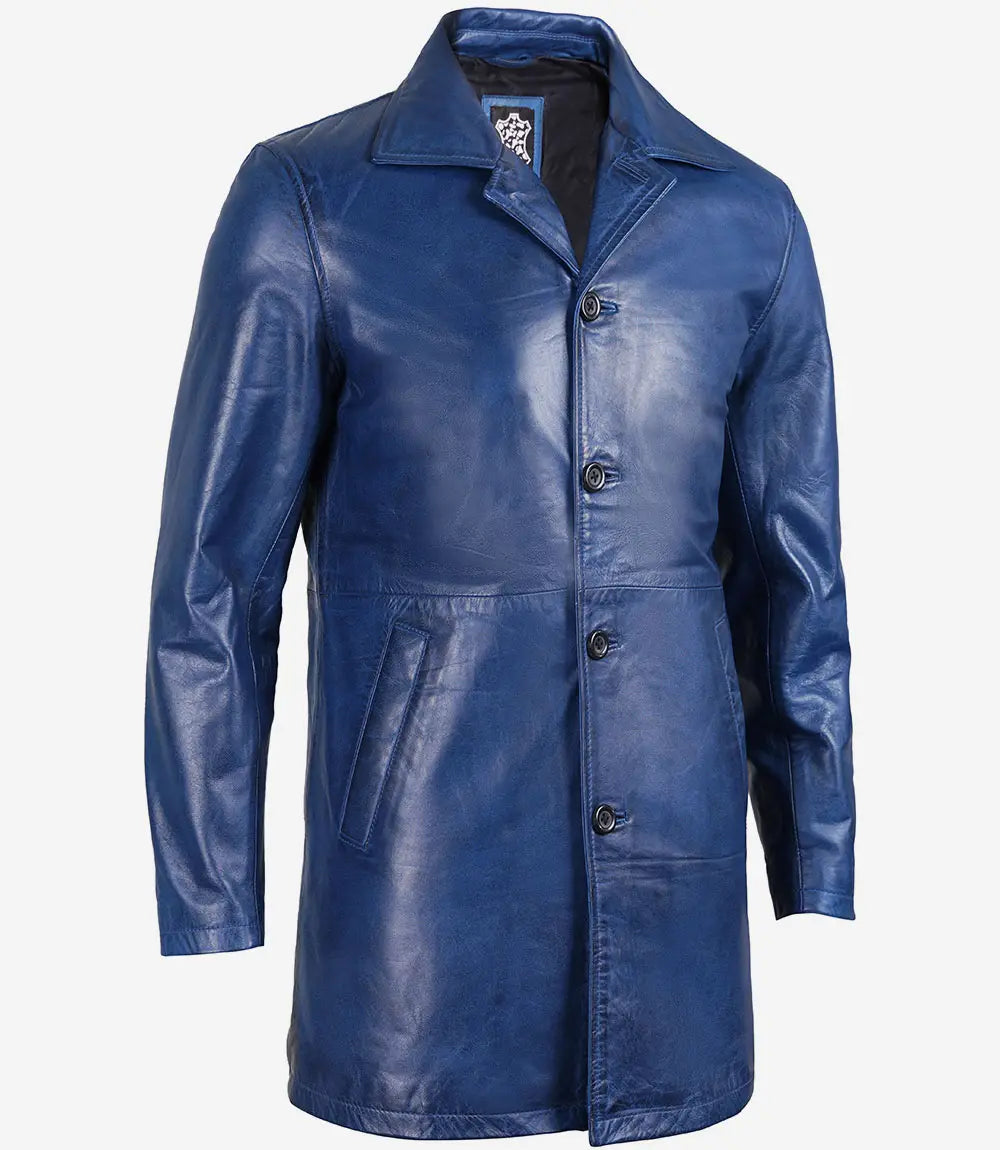 mens blue leather car coat