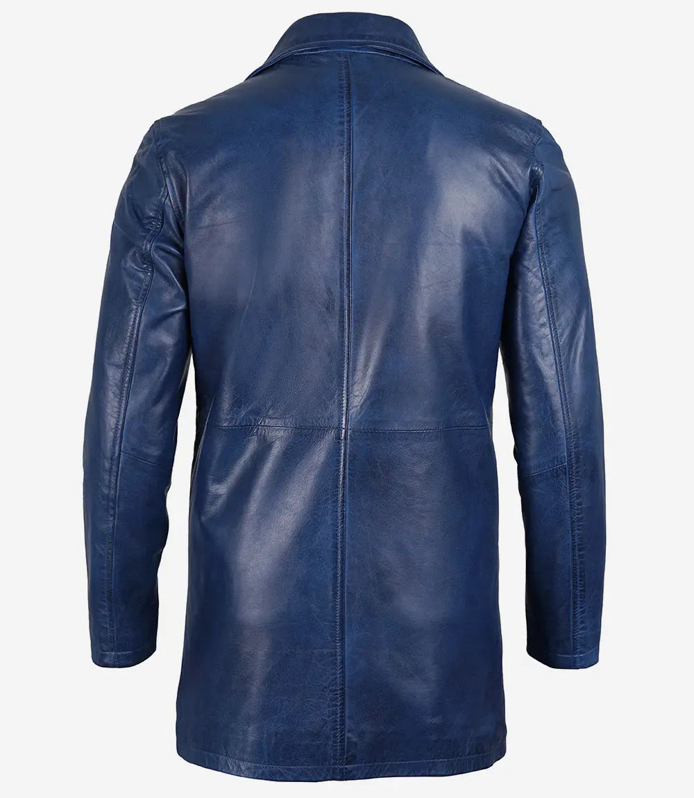 mens leather blue car coat