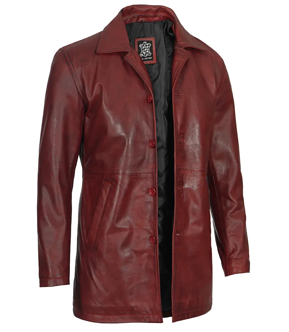 men maroon leather coat