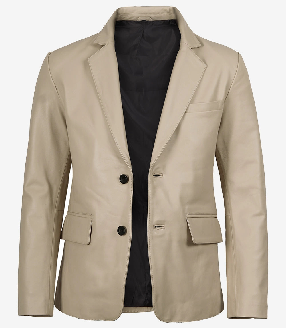 Men's Beige Lambskin Two-Button Leather Blazer - Front